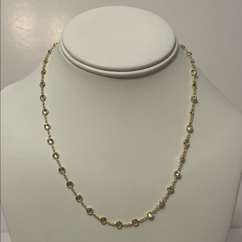 Gold Tone station Necklace with Simulated Diamonds